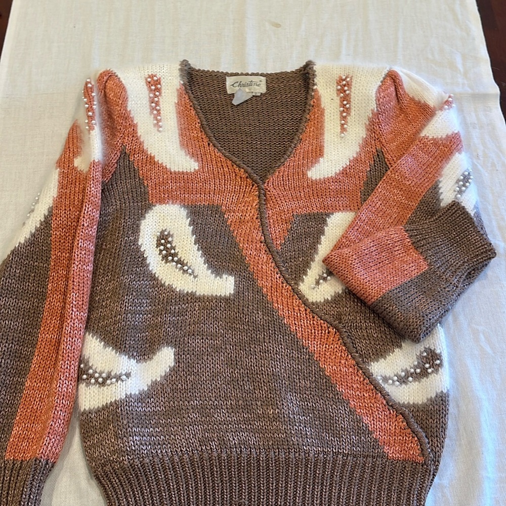 B1352 Vintage brown and salmon  V-neck sweater Y2K SZ large Angora wool ect